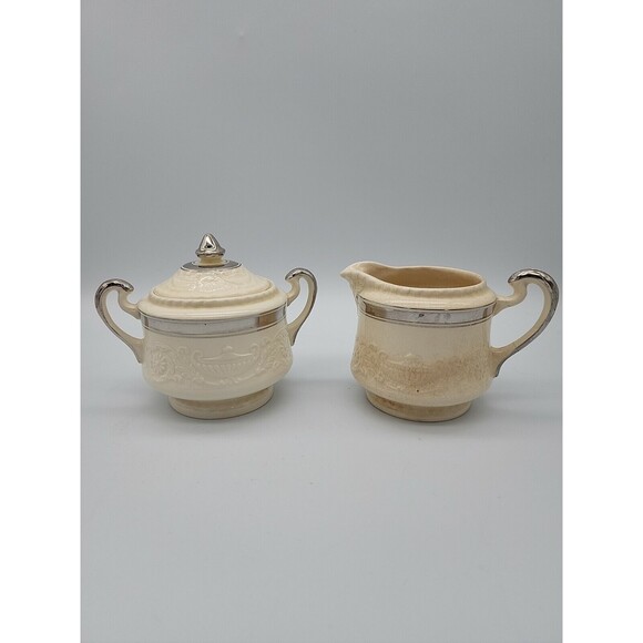 ADAM ANTIQUE by STEUBENVILLE Sugar Bowl w Lid & Creamer Cream with Silver TrIm - Picture 1 of 12
